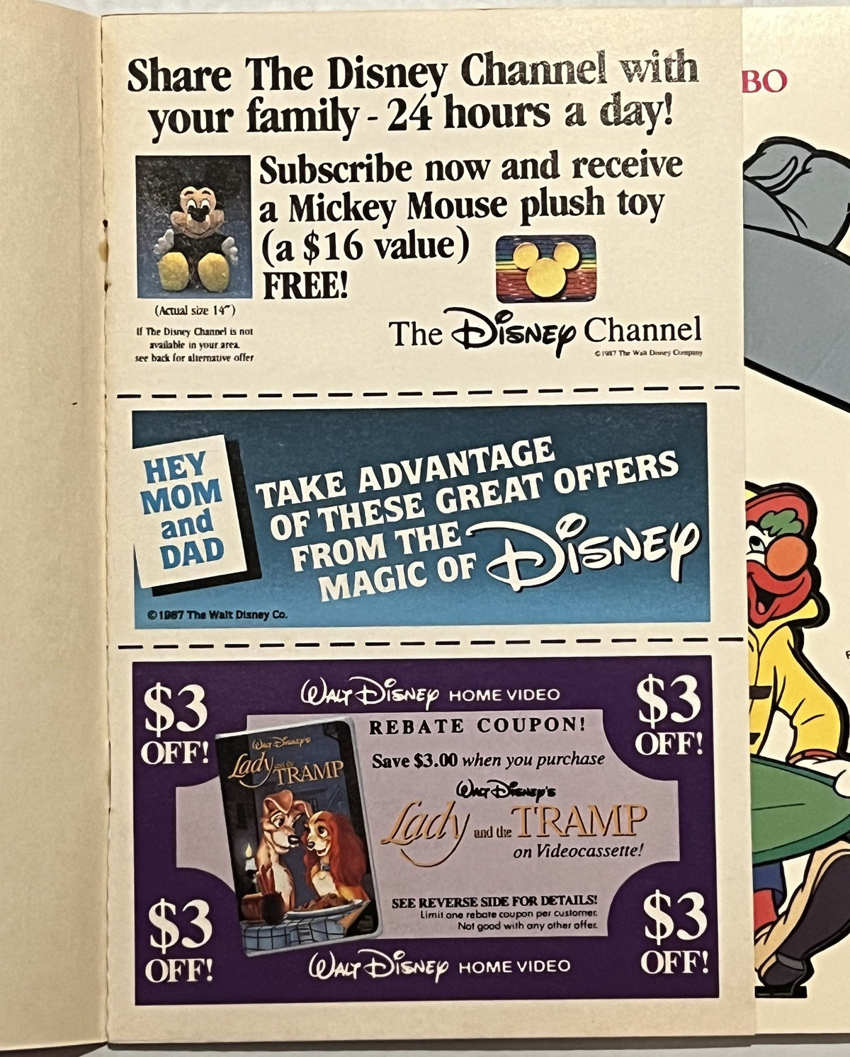 Vintage 1987 Disney promotional page with Mickey Mouse plush offer, Lady and the Tramp video coupon, and character illustrati