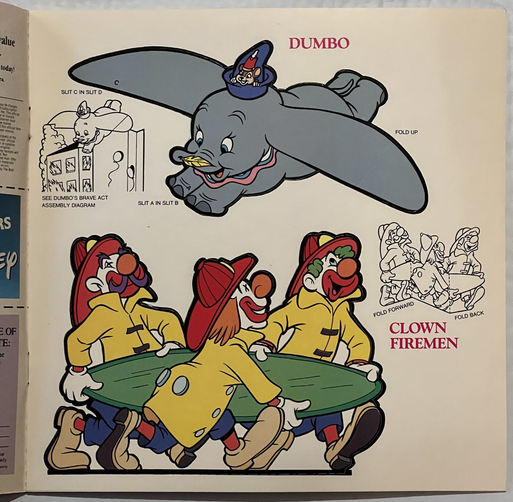 Vintage Disney press-out book page showing Dumbo elephant and three clown firemen characters with assembly instructions and f