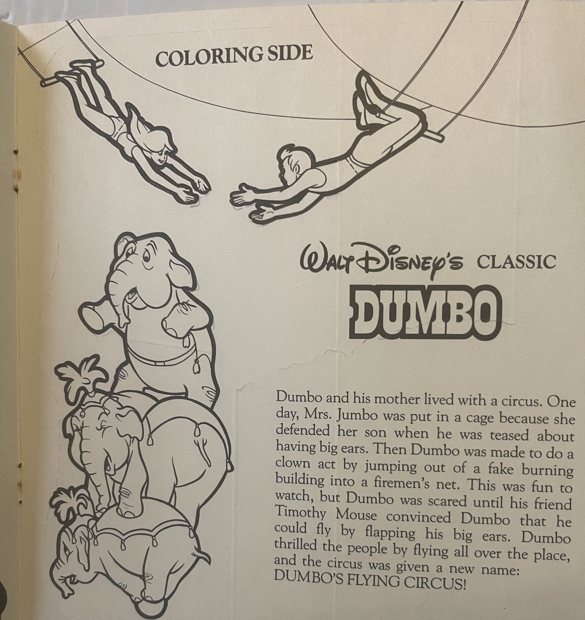Coloring page from vintage Disney Dumbo book showing Dumbo, his mother, and Timothy Mouse with plot synopsis text