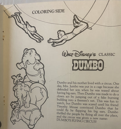 Coloring page from vintage Disney Dumbo book showing Dumbo, his mother, and Timothy Mouse with plot synopsis text