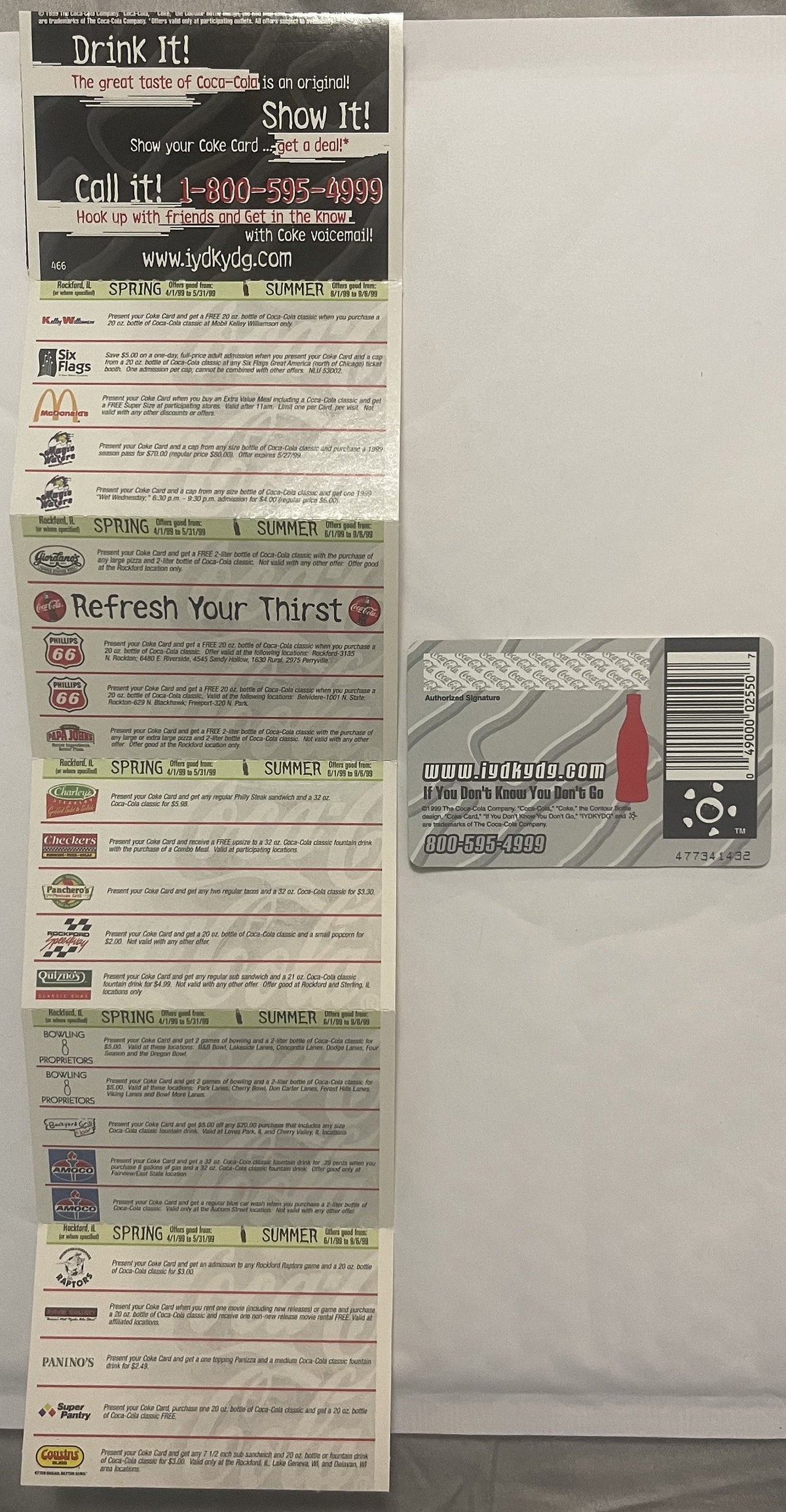 Vintage Coca-Cola promo card with accordion fold-out listing restaurant and venue deals, displayed flat showing both sides wi