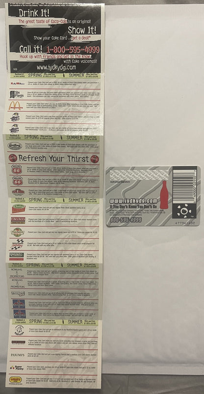 Vintage Coca-Cola promo card with accordion fold-out listing restaurant and venue deals, displayed flat showing both sides wi