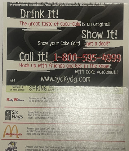 Vintage 1999 Coca-Cola promotional accordion-fold card displaying "Drink It! Show It! Call It!" with phone number, website, a