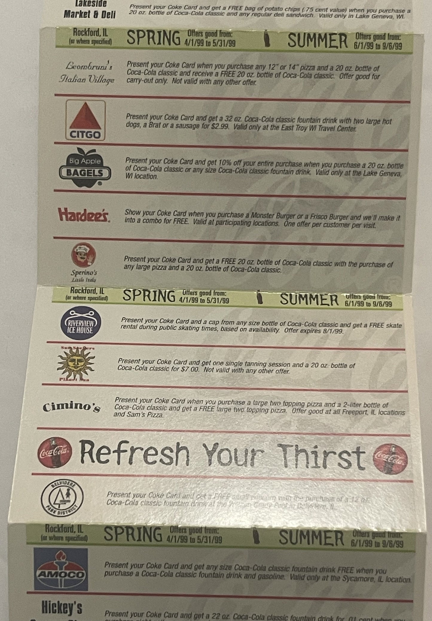 Unfolded accordion promotional pamphlet showing vintage 1999 Coca-Cola regional offers and discounts from various restaurants