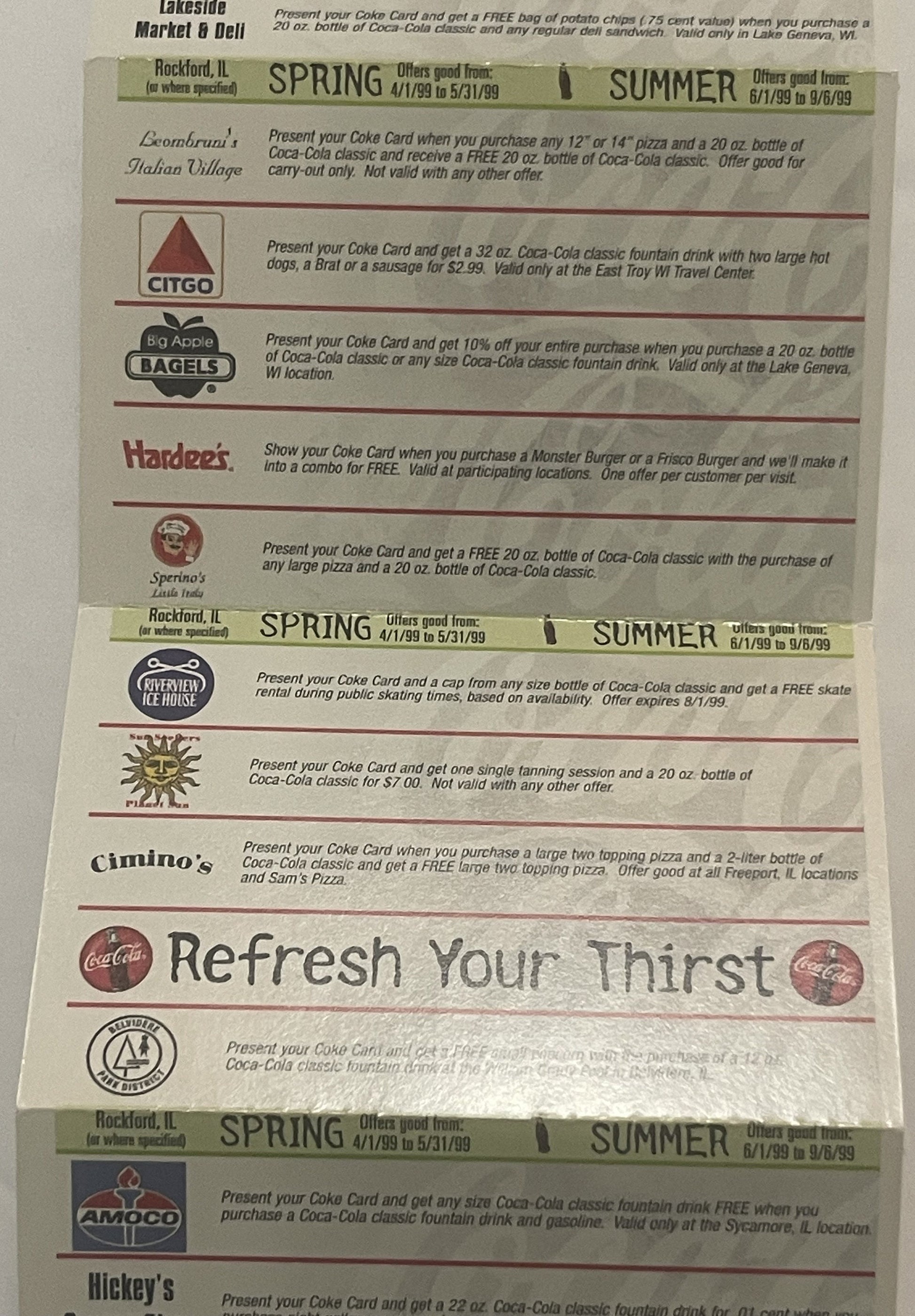 Unfolded accordion promotional pamphlet showing vintage 1999 Coca-Cola regional offers and discounts from various restaurants