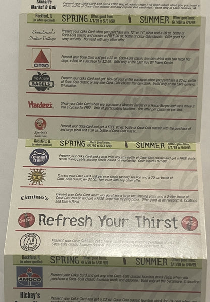 Unfolded accordion promotional pamphlet showing vintage 1999 Coca-Cola regional offers and discounts from various restaurants