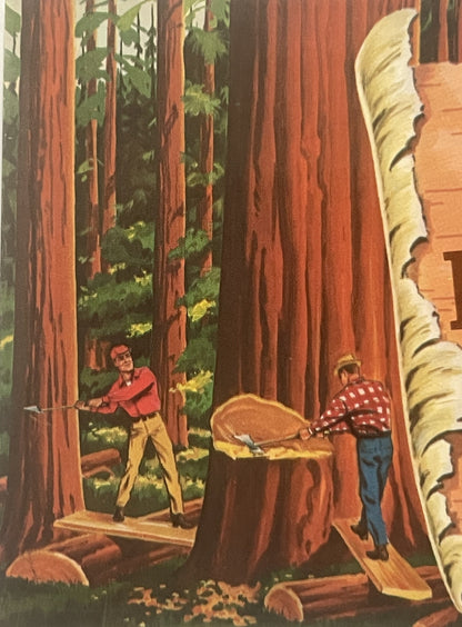Vintage label illustration showing two lumberjacks sawing a large redwood tree in a forest, wearing red and plaid shirts with