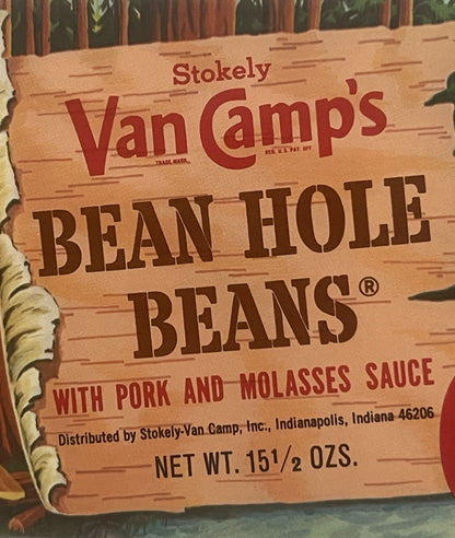 Vintage Stokely Van Camp's Bean Hole Beans label with birch tree border, pork and molasses sauce, 15½ oz, Indianapolis Indian