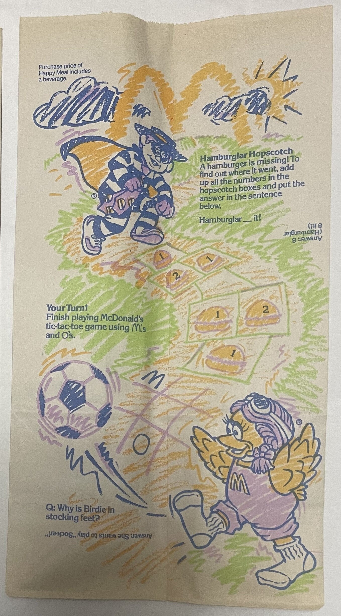 Vintage McDonald's Happy Meal bag interior with Hamburglar, Ronald, and Birdie characters, games, and promotional text in blu