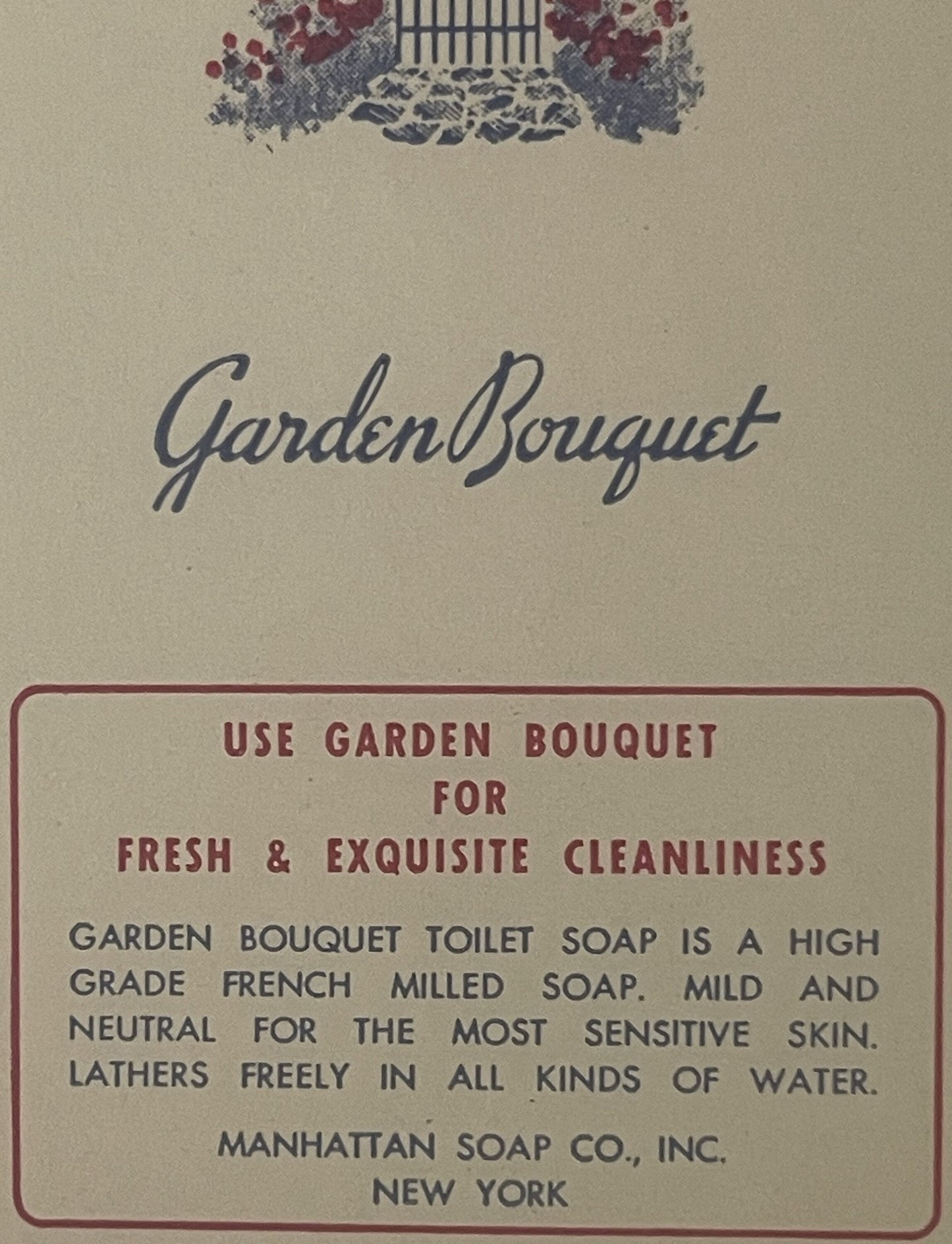 Antique Garden Bouquet toilet soap label from Manhattan Soap Co., New York, featuring decorative garden illustration and prod