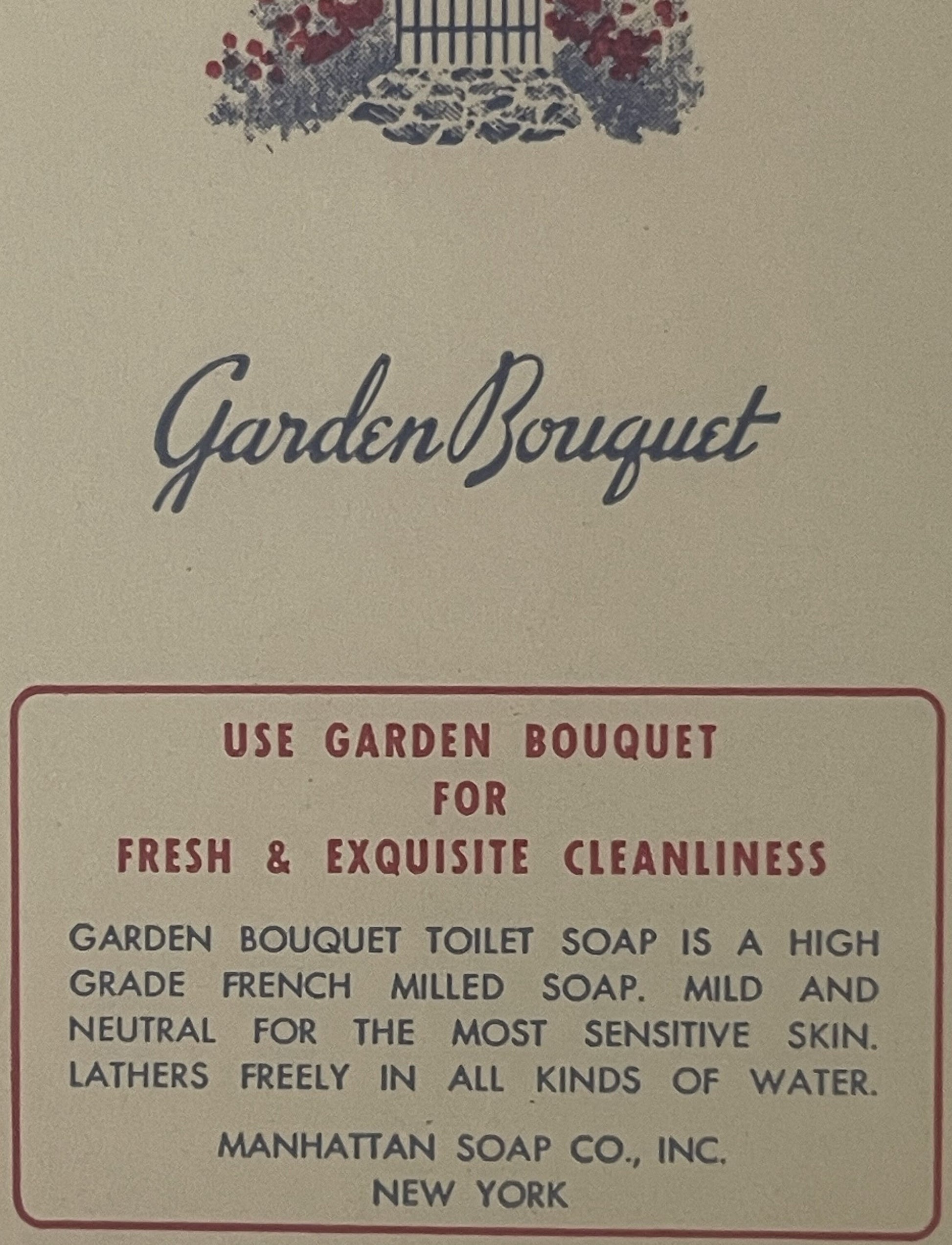 Antique Garden Bouquet toilet soap label from Manhattan Soap Co., New York, featuring decorative garden illustration and prod