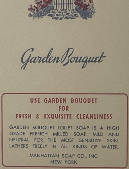 Antique Garden Bouquet toilet soap label from Manhattan Soap Co., New York, featuring decorative garden illustration and prod