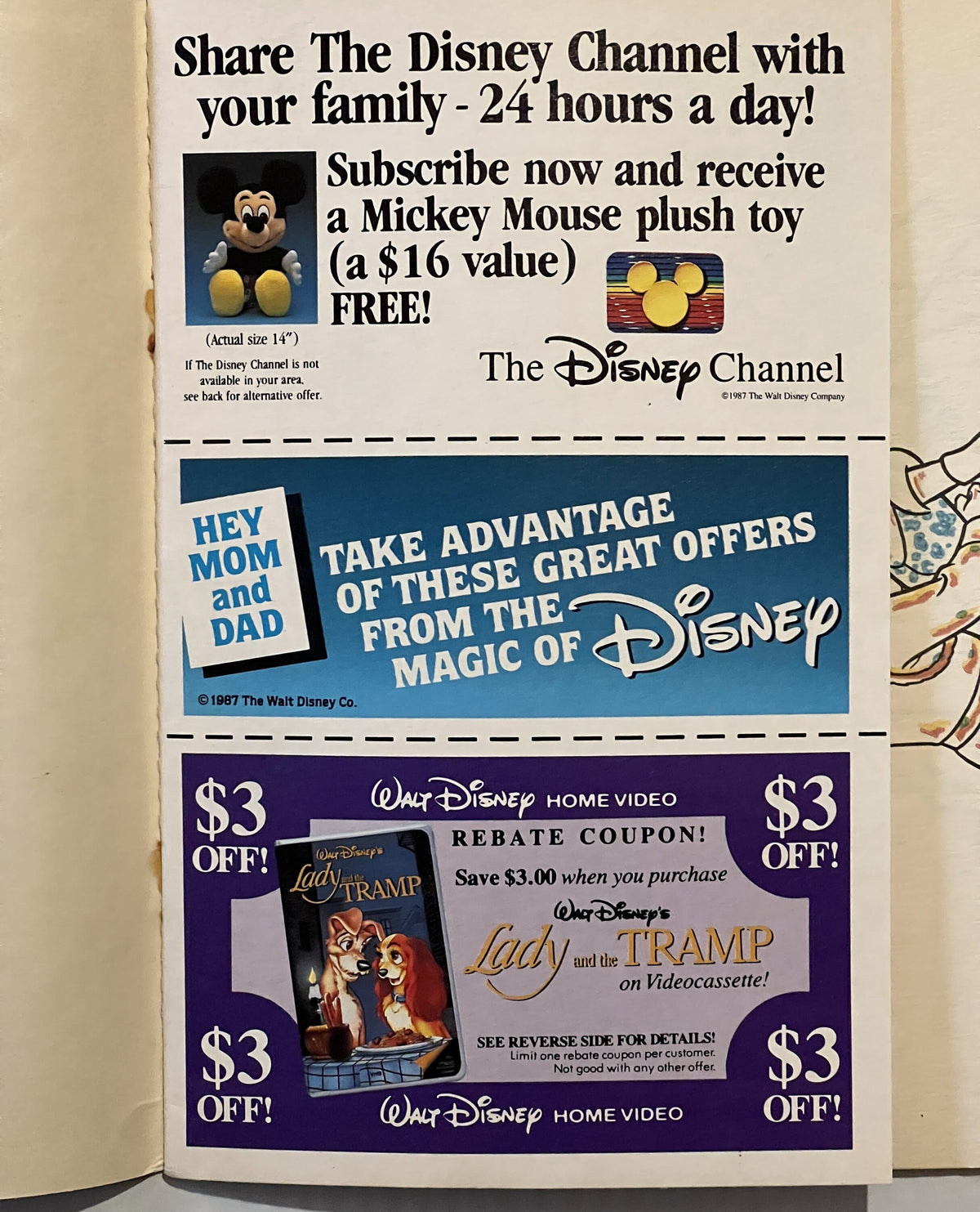 Vintage 1987 Disney promotional inserts featuring Mickey Mouse plush offer, Lady and the Tramp video rebate coupon, and chann