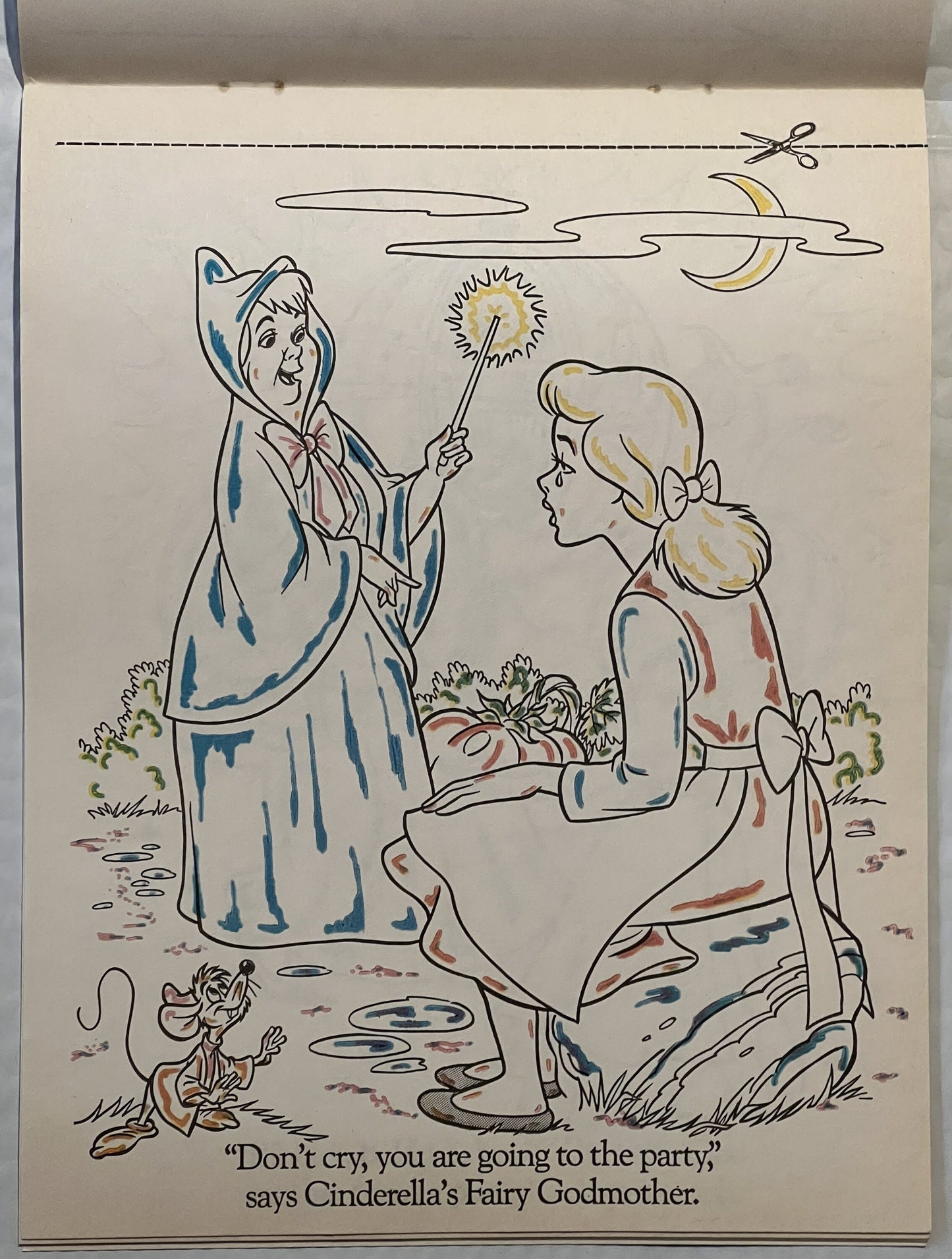Open page of vintage Disney Cinderella paint-with-water book showing illustrated fairy godmother with wand and girl, with pri