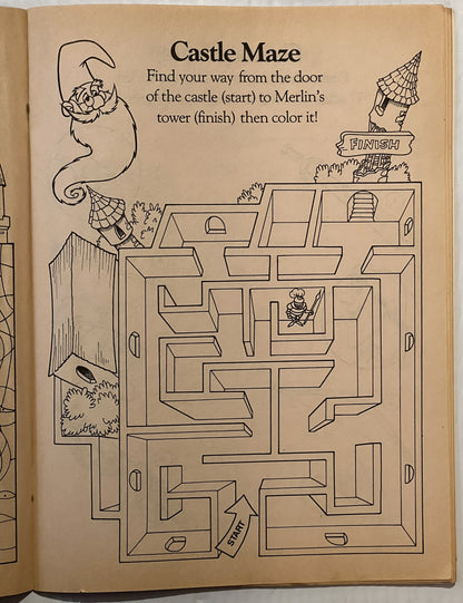 Vintage activity book page with "Castle Maze" puzzle featuring wizard character, castle doorway marked "START," tower marked 