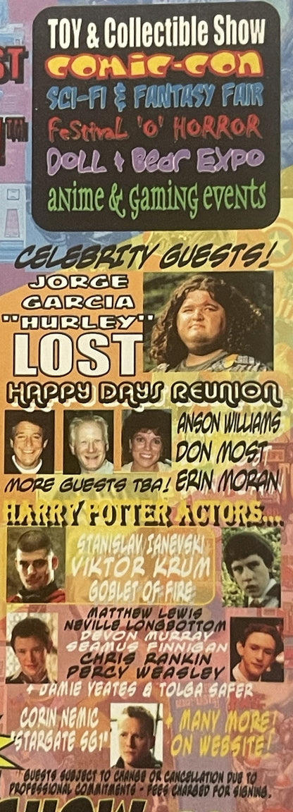 Colorful 2006 Comic-Con festival flyer advertising horror, anime, and gaming events with celebrity guests including