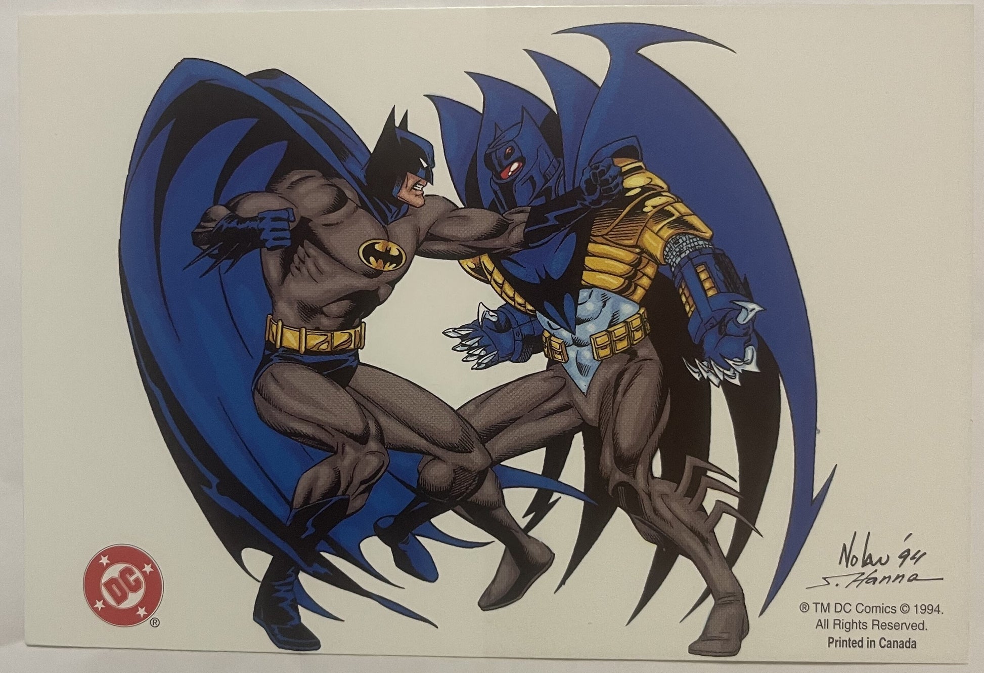 Vintage DC Comics postcard showing two Batmans in combat, illustrated by Graham Nolan, signed lower right, DC Comics logo vis