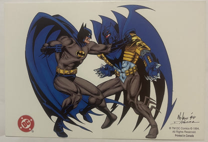Vintage DC Comics postcard showing two Batmans in combat, illustrated by Graham Nolan, signed lower right, DC Comics logo vis