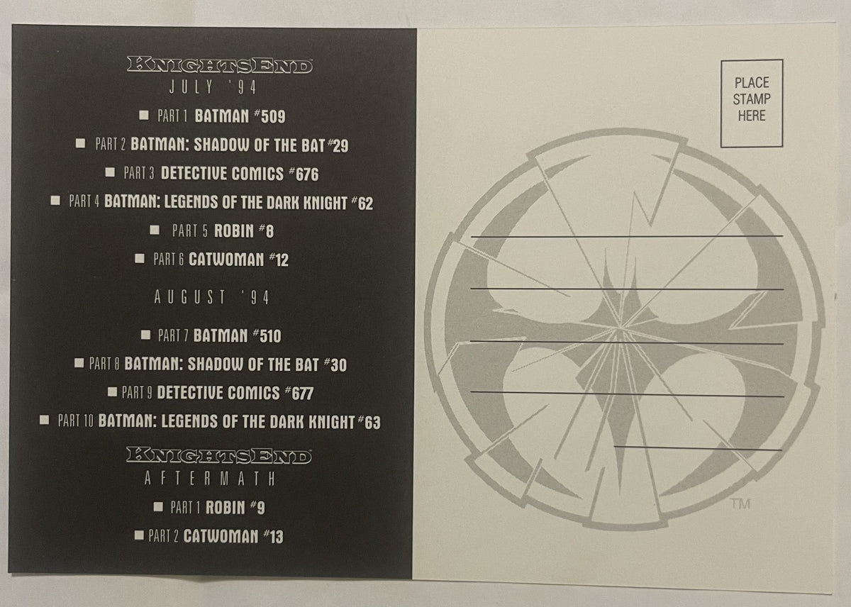 Vintage Batman postcard showing Knights End storyline checklist on dark left panel and Batman logo with crosshairs on cream r
