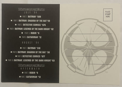 Vintage Batman postcard showing Knights End storyline checklist on dark left panel and Batman logo with crosshairs on cream r
