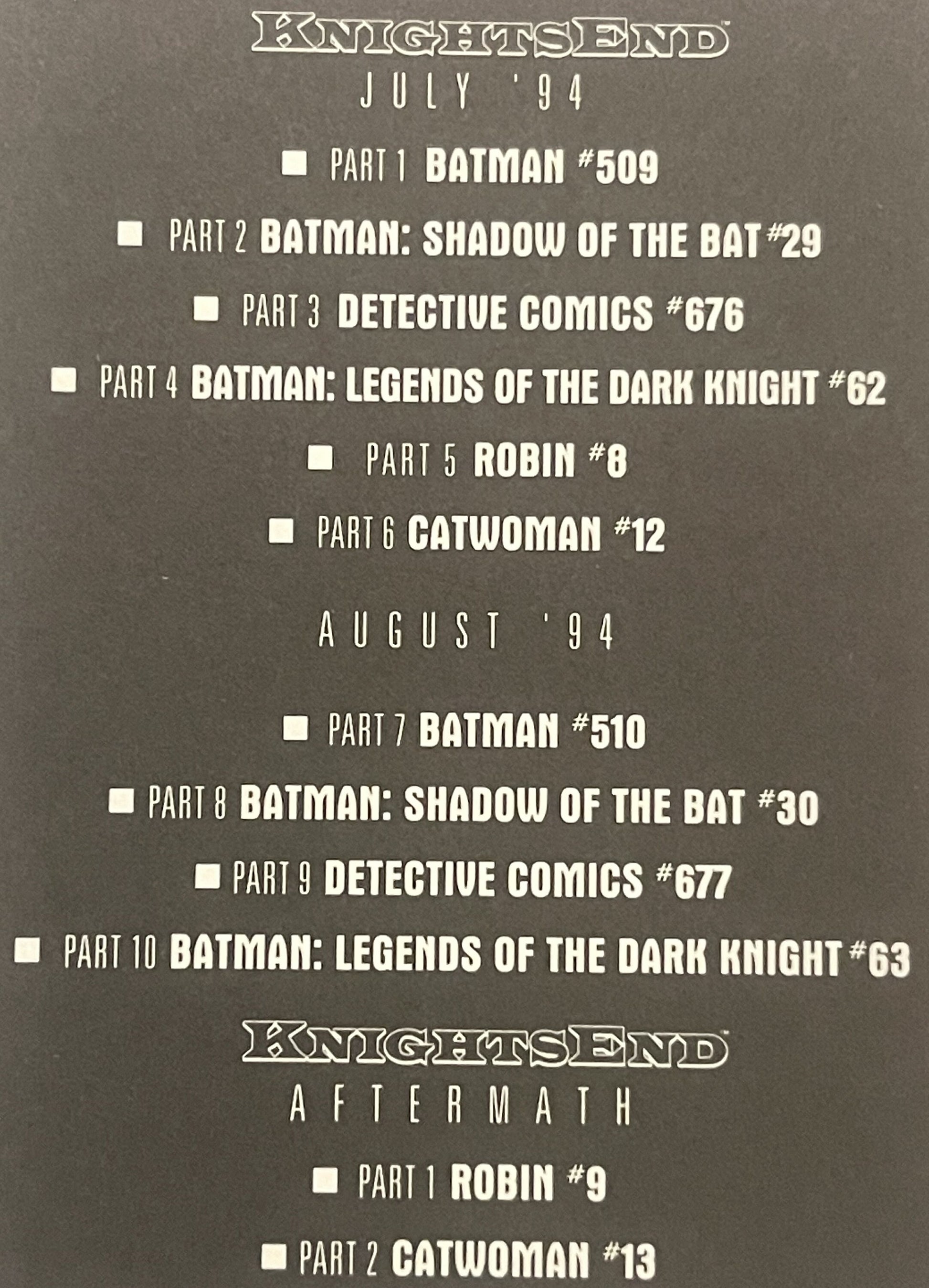 Gray postcard listing "Knightsend" Batman comic book crossover event from July-August 1994, with checkboxes and issue numbers