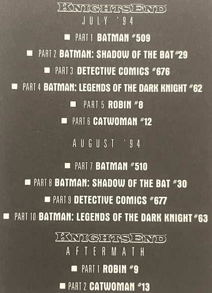 Gray postcard listing "Knightsend" Batman comic book crossover event from July-August 1994, with checkboxes and issue numbers