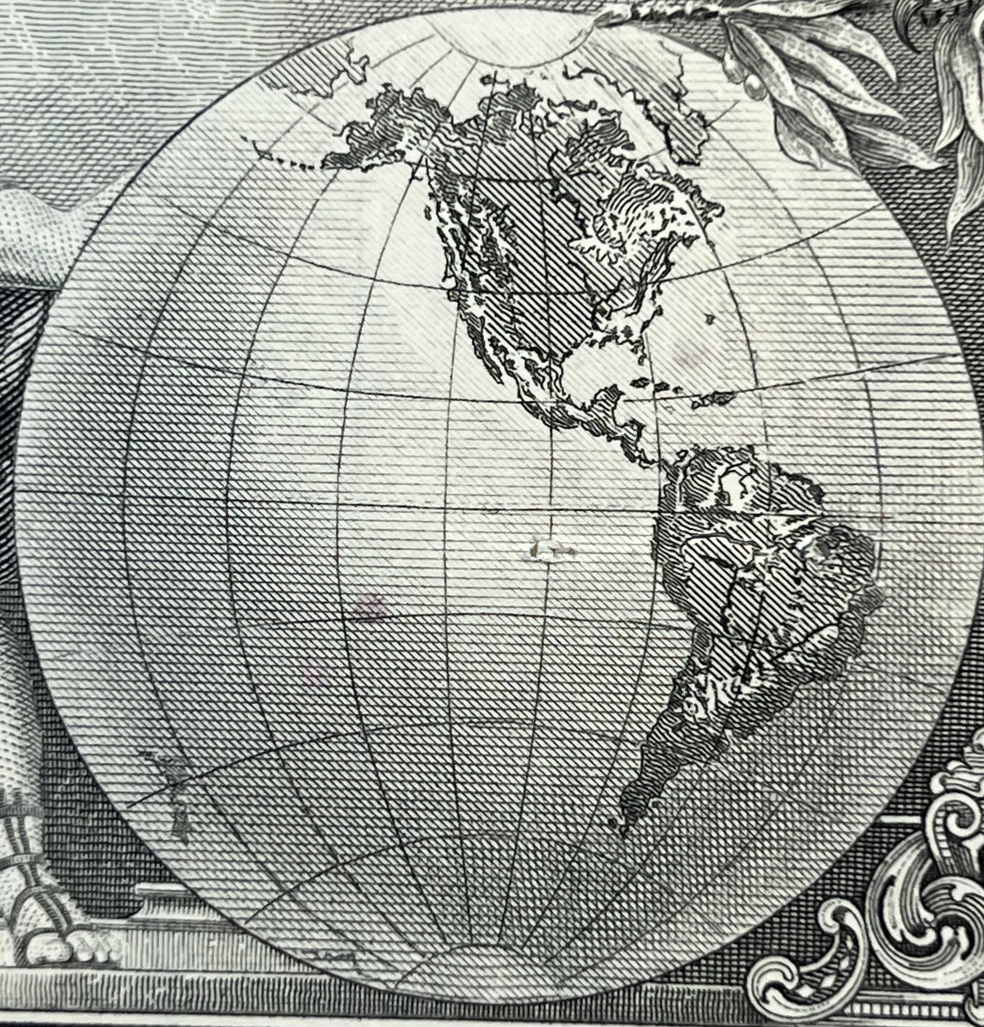 Black and white engraved map of North America centered in oval frame with latitude/longitude grid lines, ornamental scrollwor