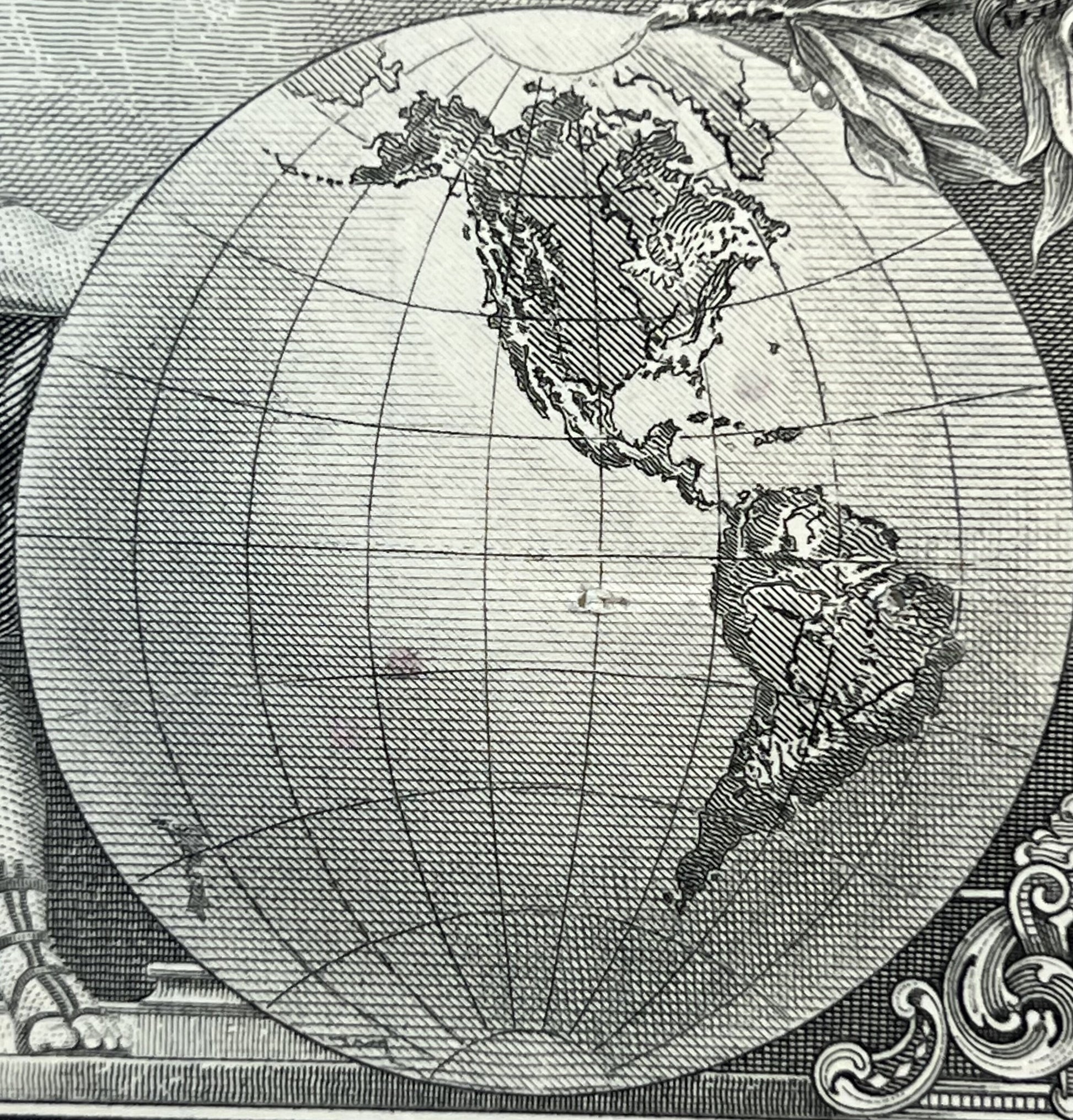 Black and white engraved map showing North America and South America on a globe with grid lines and decorative baroque border