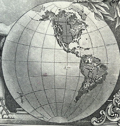 Black and white engraved map showing North America and South America on a globe with grid lines and decorative baroque border