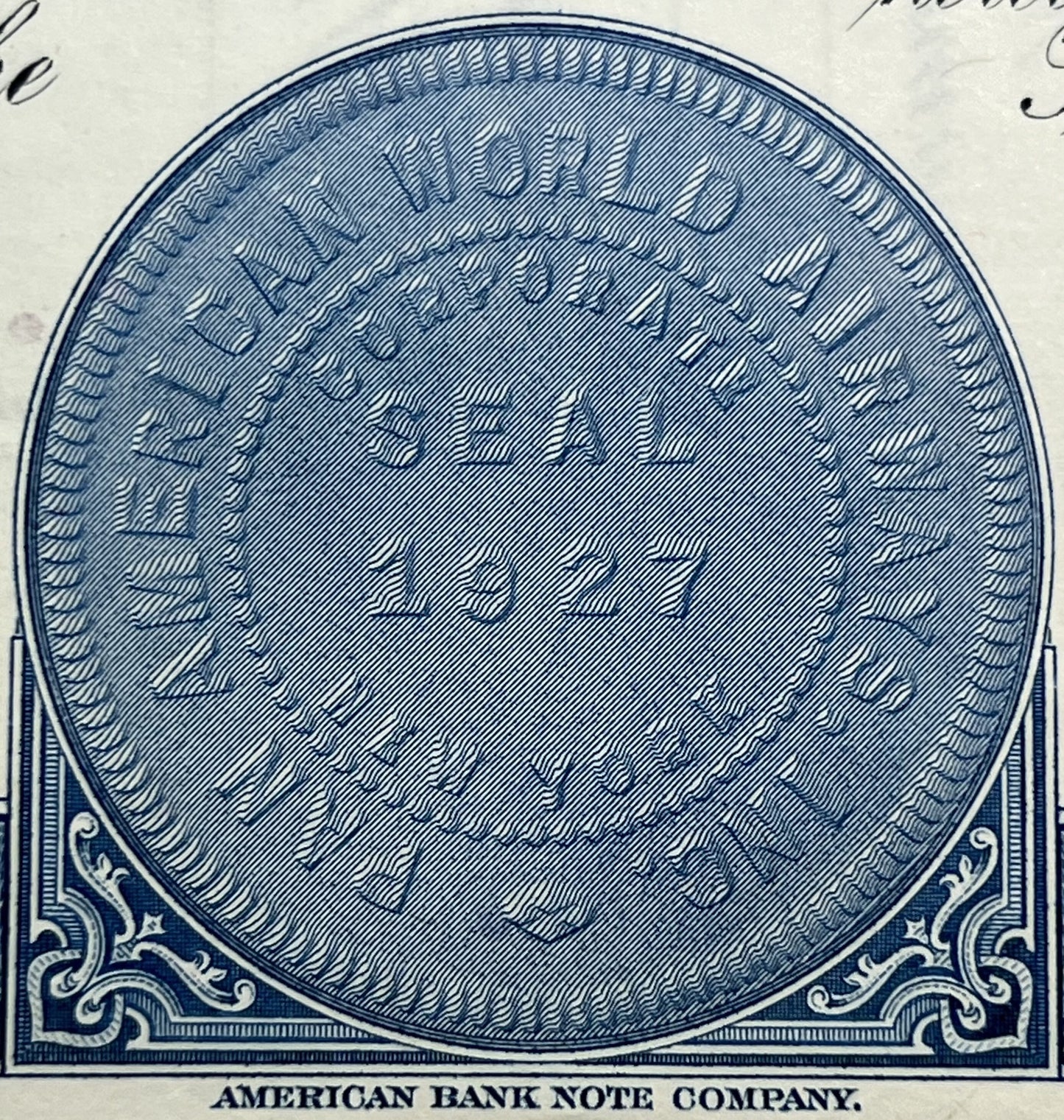Blue engraved oval vignette from American Bank Note Company stock certificate with ornamental corner scrollwork and diagonal 