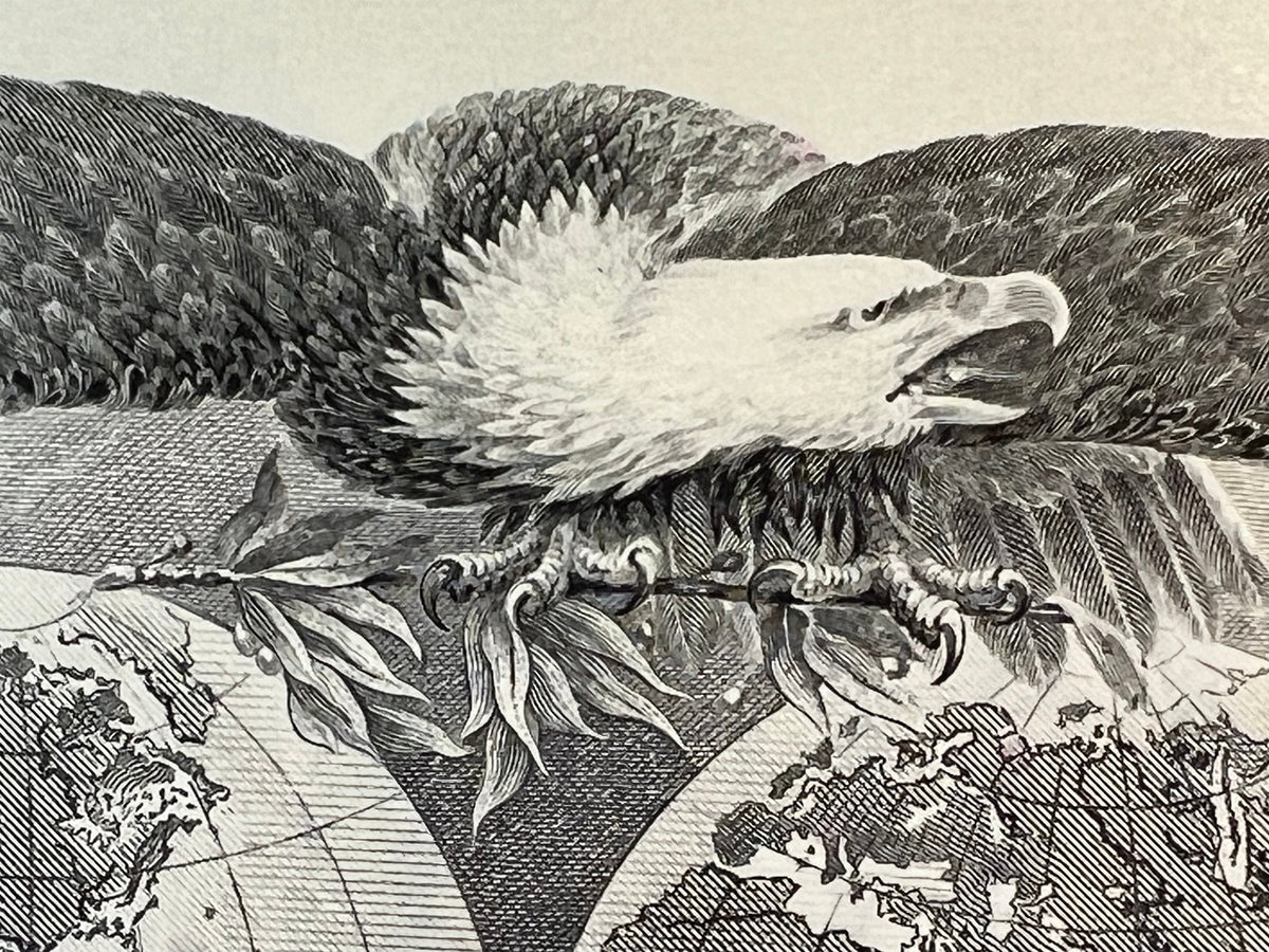 Black and white engraved illustration of an eagle with spread wings perched on a branch, surrounded by mountainous landscape