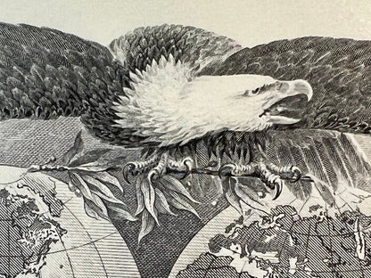 Black and white engraved illustration of an eagle with spread wings perched on a branch, surrounded by mountainous landscape