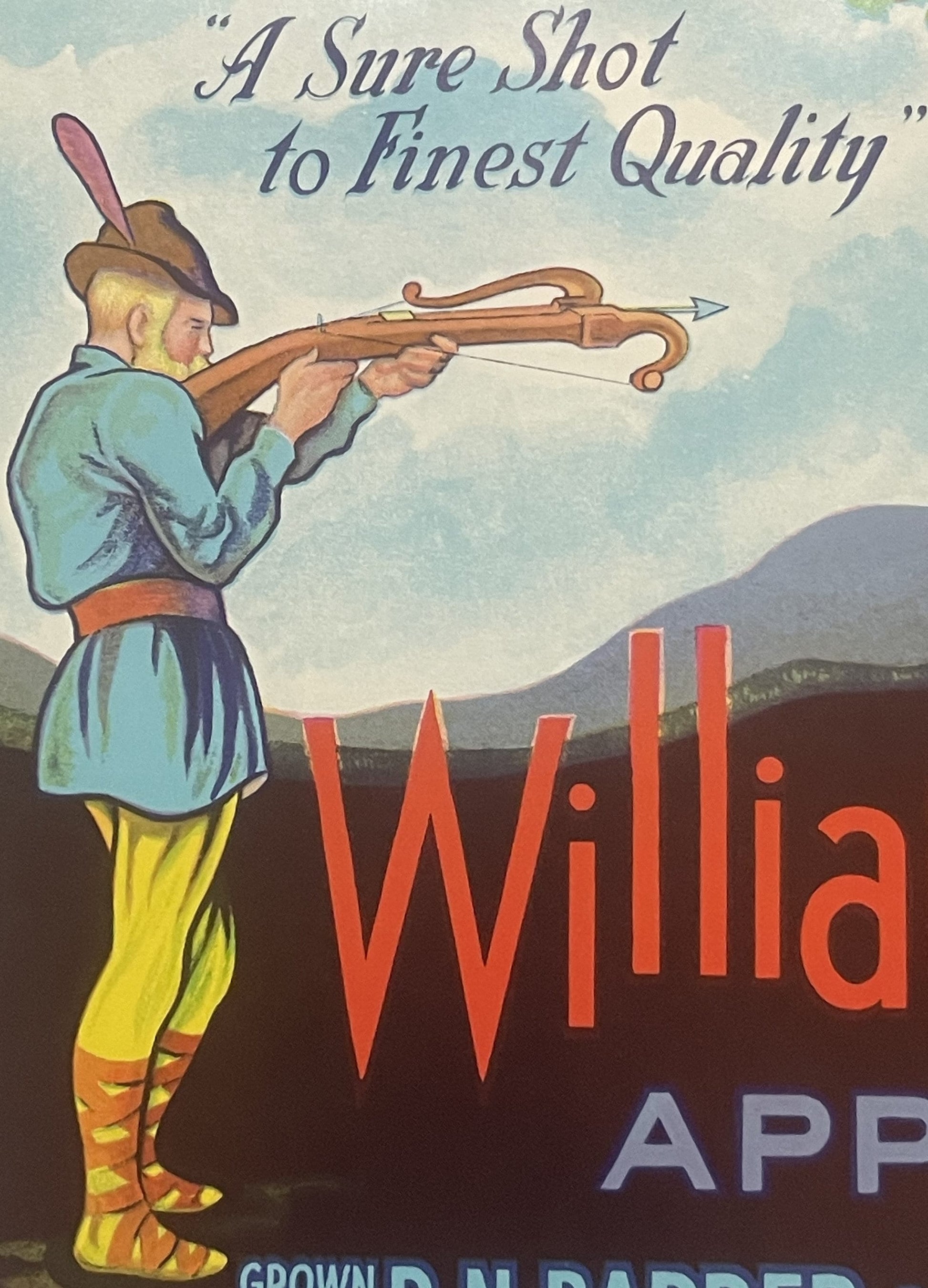 Vintage fruit crate label featuring a man aiming a crossbow, with "Willia" and "APP" text visible in red and blue lettering a