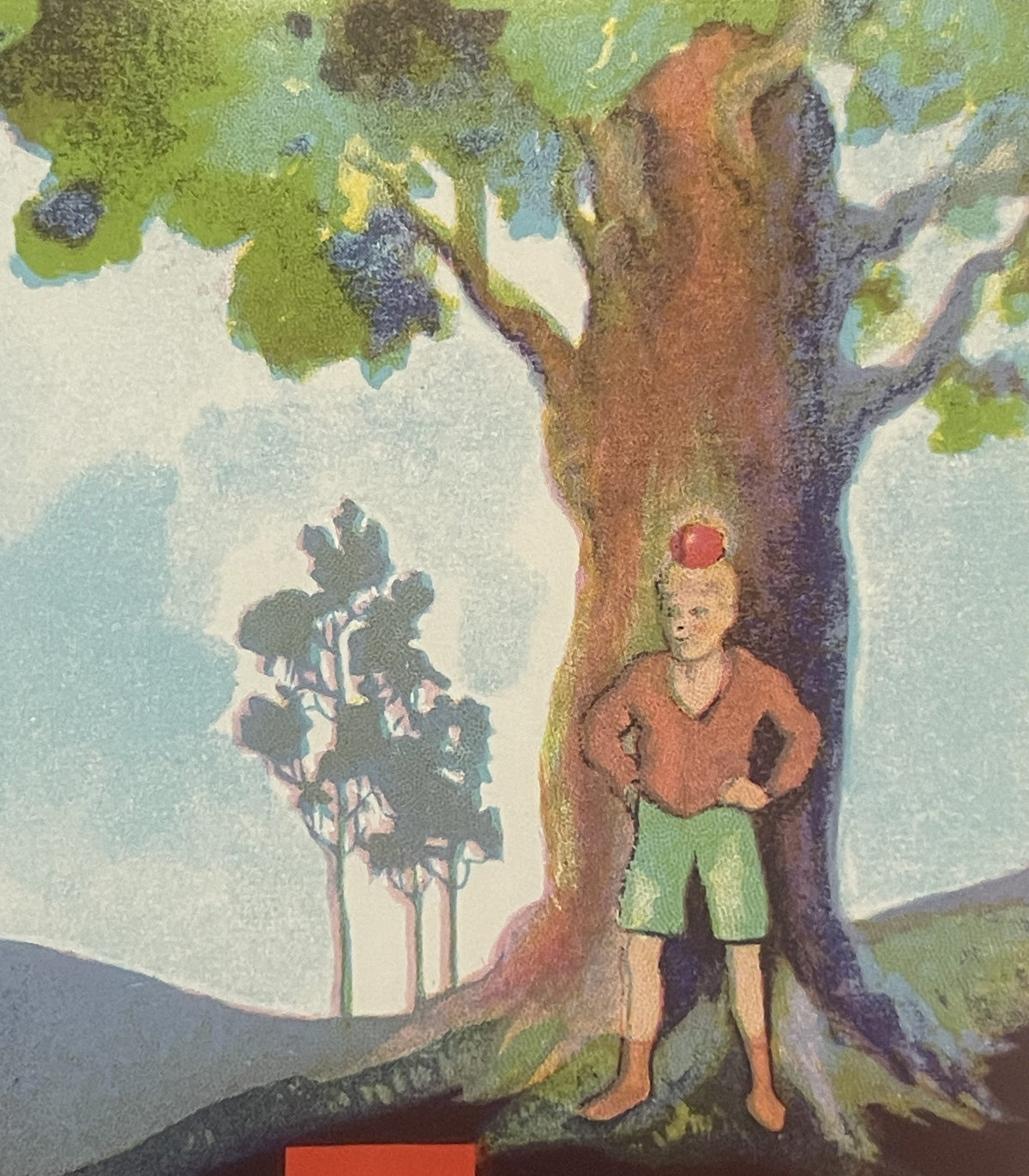 Vintage chromolithograph crate label featuring a boy with a red balloon standing beside a large tree with green foliage and s