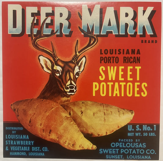 Vintage 1950s Deer Mark Brand Louisiana Porto Rican Sweet Potato Crate Label 🦌 — Opelousas Sweet Potato Co., Sunset & Hammond LA