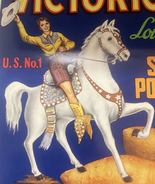 Vintage 1940s Victorious Brand Louisiana Sweet Potatoes Crate Label — Cowgirl on a White Horse, Sunset LA