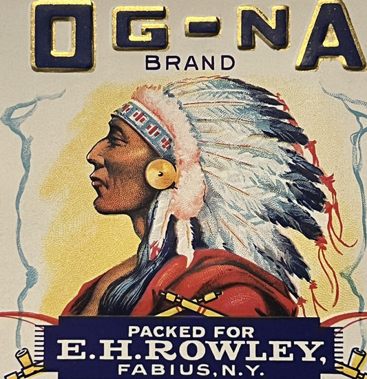 Antique OG-NA Brand Tomatoes Label 🪶 Fabius NY Native American Chief Gold Embossed Can Label