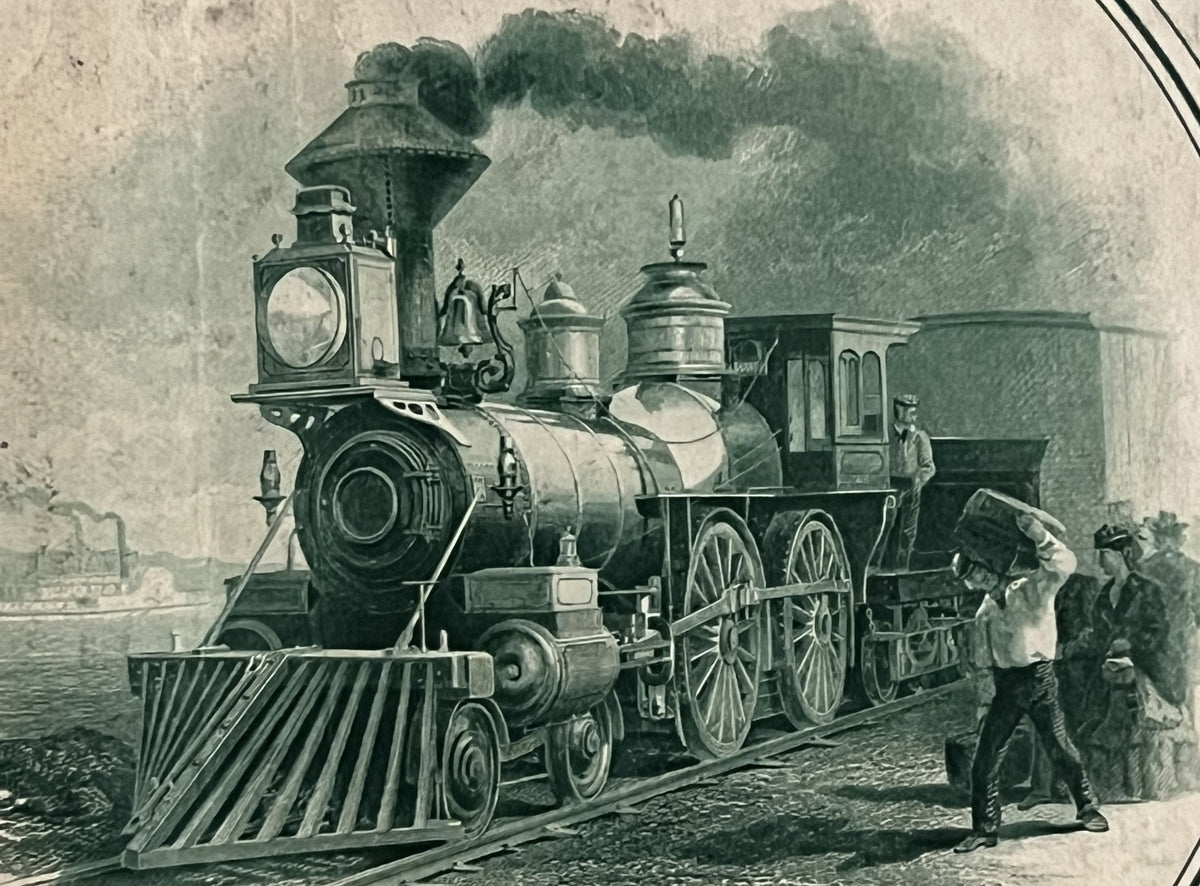 Vintage engraving of a steam locomotive with passenger cars, workers, and onlookers on railroad tracks