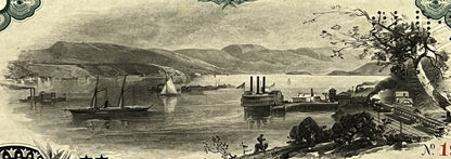 Sepia-toned engraved vignette showing steamships and sailing vessels on a river with mountains and shoreline, decorative bord