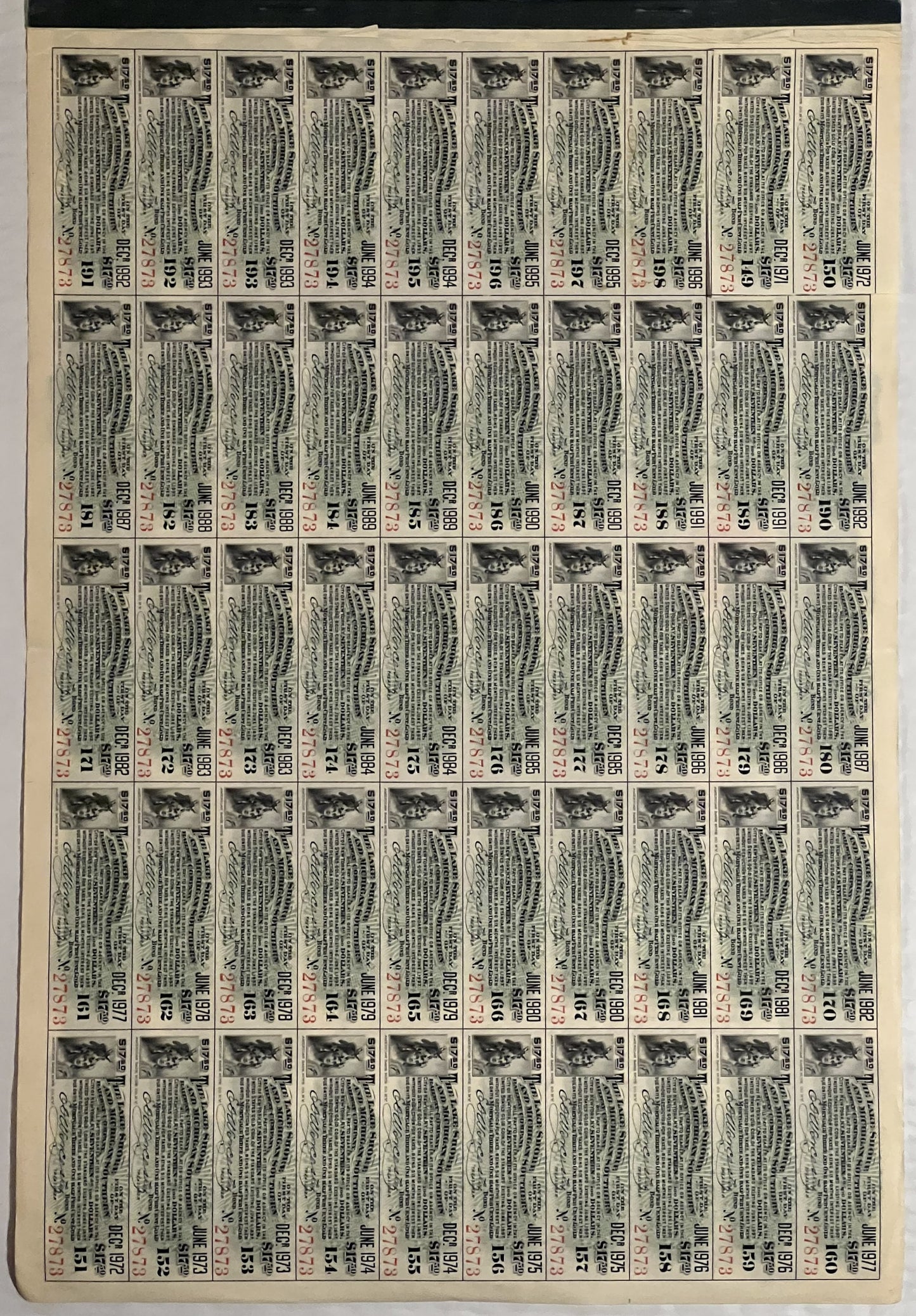 Full sheet of 50 vintage coupon stamps from 1897 Lake Shore and Michigan Southern Gold Bond, printed in black and sepia on ag