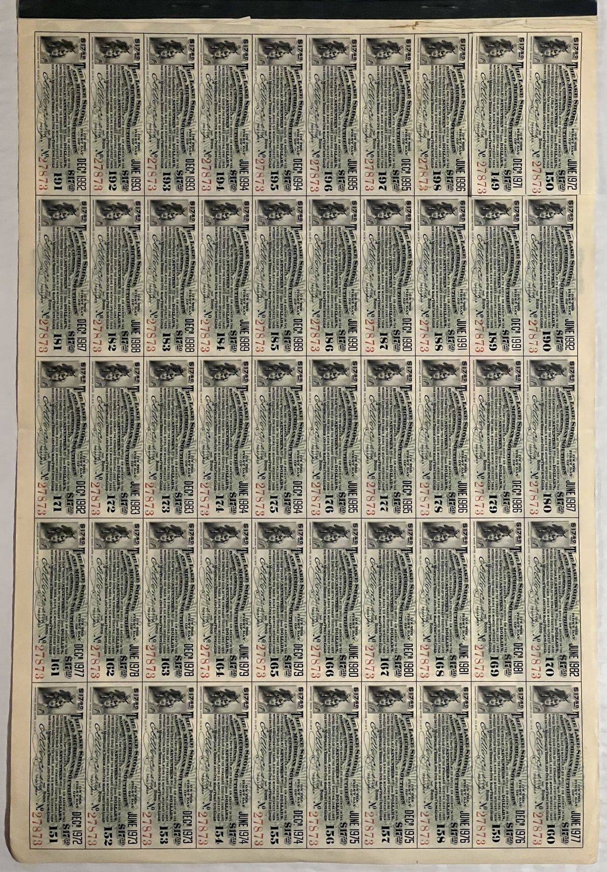 Full sheet of 50 vintage coupon stamps from 1897 Lake Shore and Michigan Southern Gold Bond, printed in black and sepia on ag