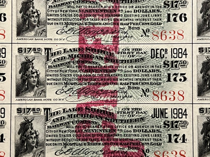 Three overlapping antique railroad bond certificates with engraved female portrait, ornate text, red stamps and handwritten s