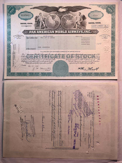 Vintage Pan American World Airways stock certificate, featuring teal borders, eagle emblem, and globe ima
