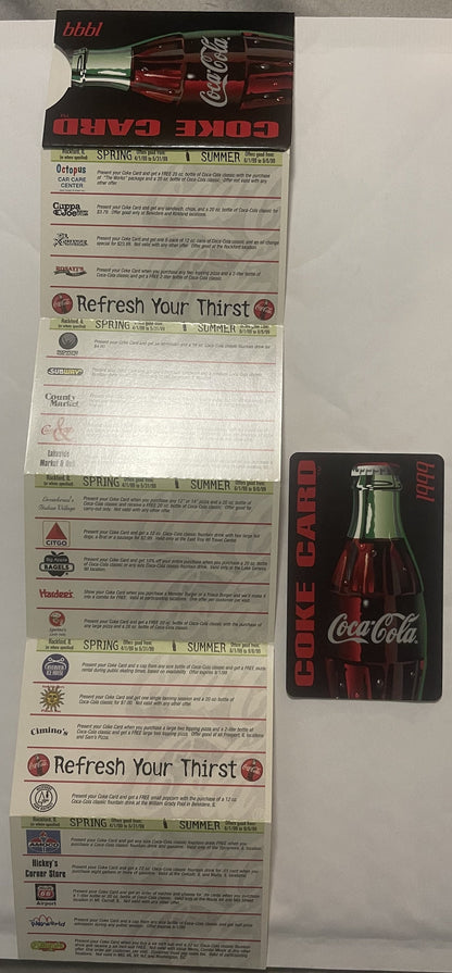 Vintage Coca-Cola promotional credit card with accordion-fold merchant offers displayed flat, showing red bottle imagery and 