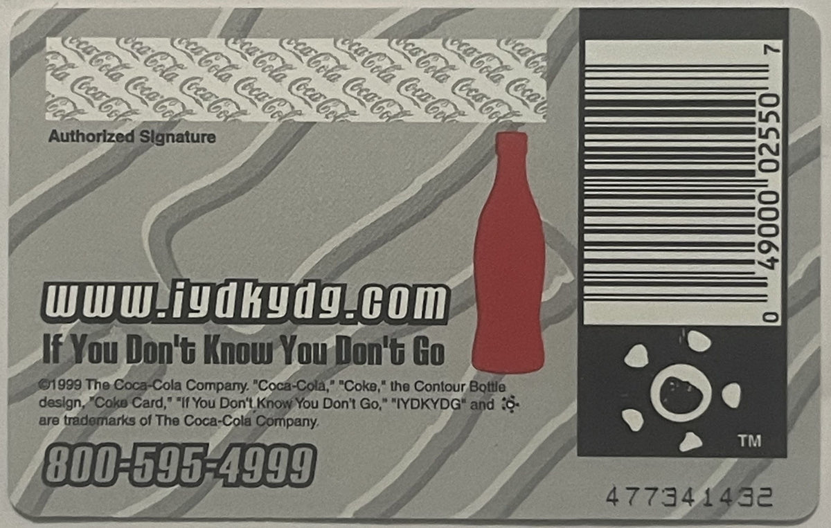 Vintage 1999 Coca-Cola promotional credit card featuring red bottle, barcode, and website www.iydkydg.com against gray stripe