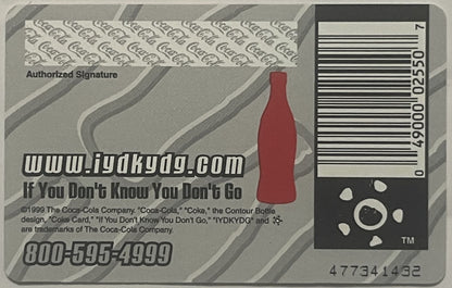 Vintage 1999 Coca-Cola promotional credit card featuring red bottle, barcode, and website www.iydkydg.com against gray stripe