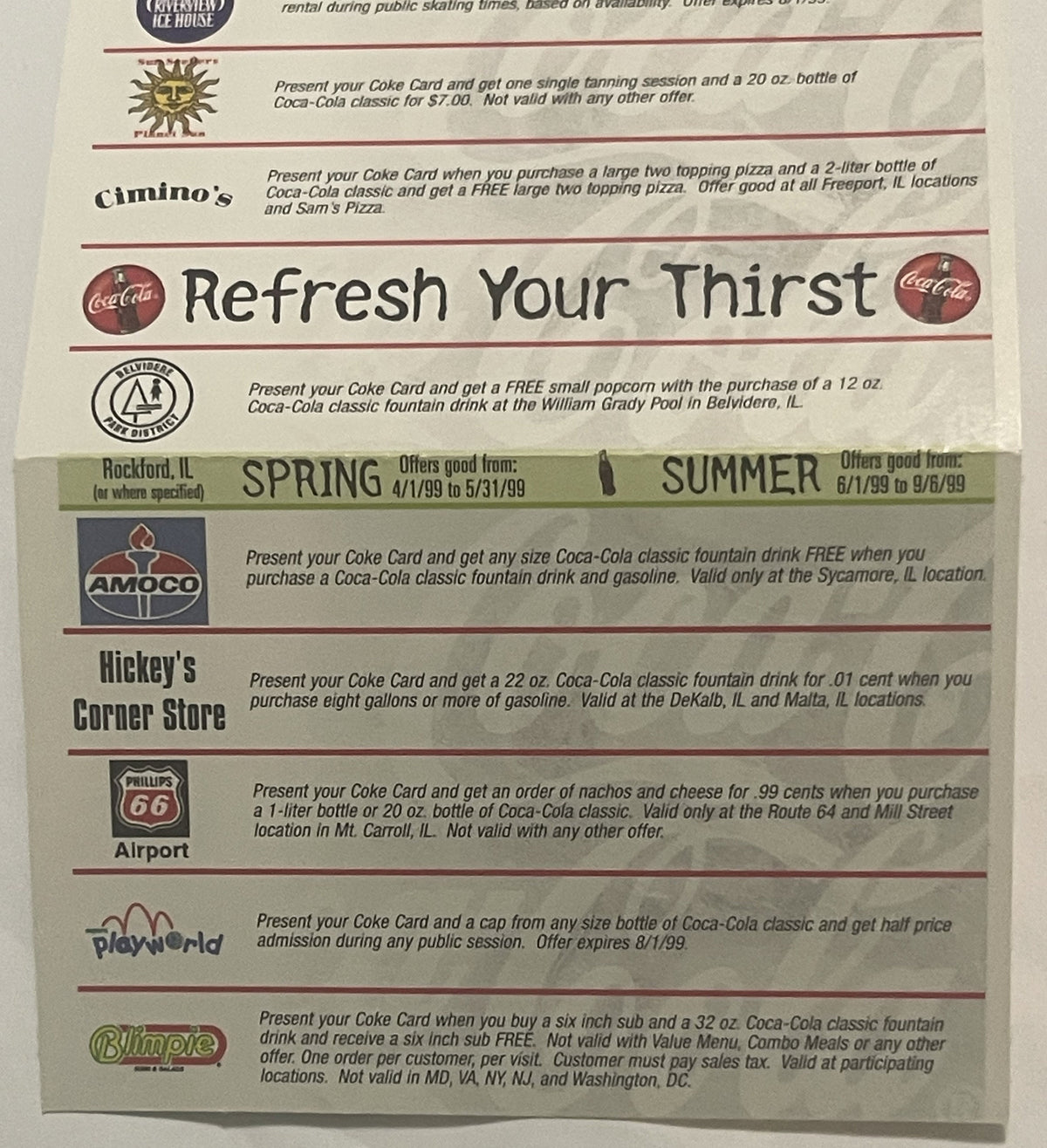 Vintage 1999 Coca-Cola Coke Card promotional pamphlet showing cream-colored accordion fold with multiple business offers and 