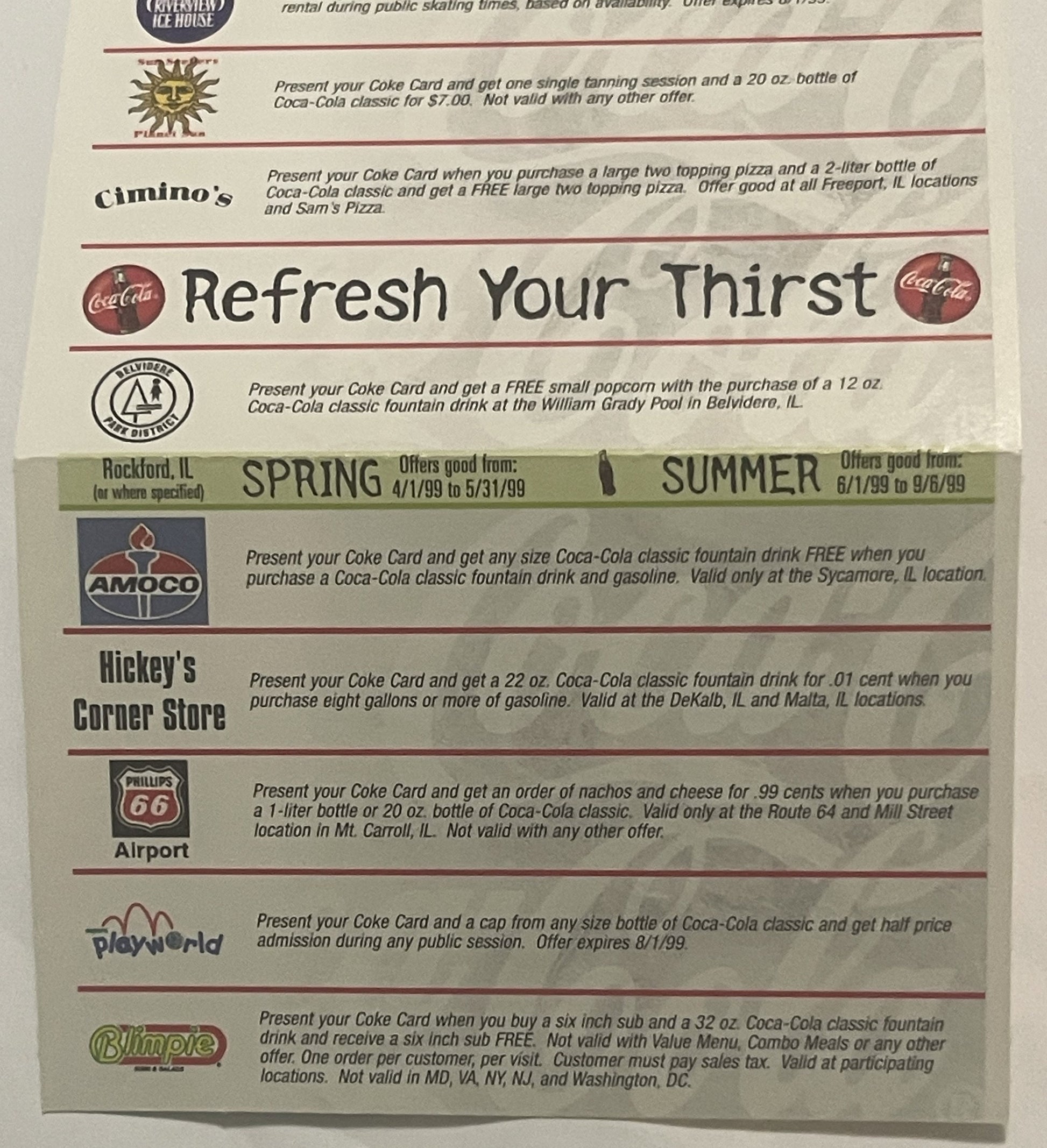 Vintage 1999 Coca-Cola Coke Card promotional pamphlet showing cream-colored accordion fold with multiple business offers and 