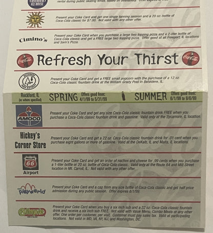 Vintage 1999 Coca-Cola Coke Card promotional pamphlet showing cream-colored accordion fold with multiple business offers and 