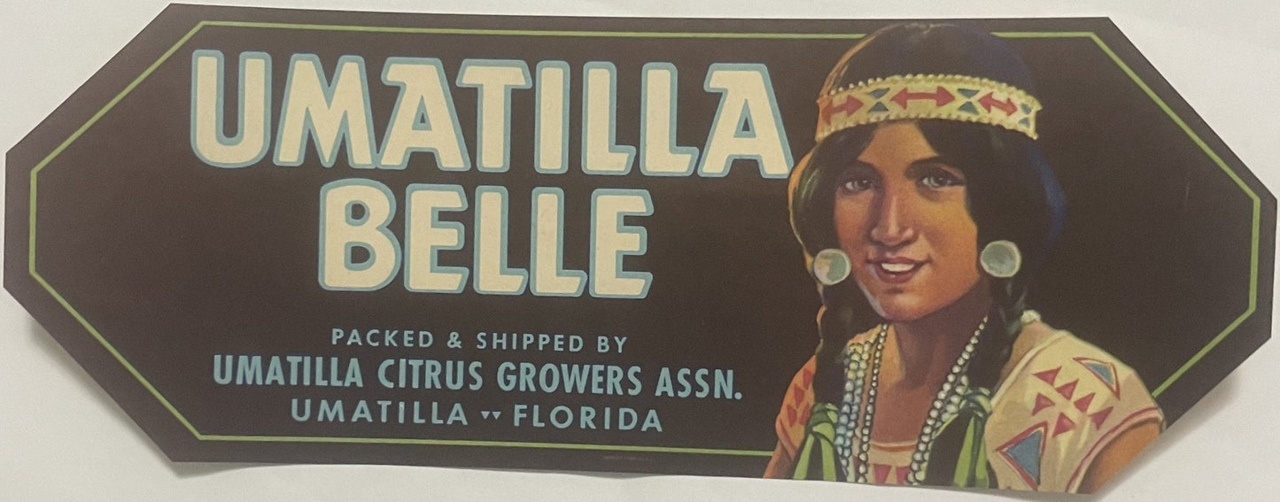 Vintage Umatilla Belle Crate Label 🍊 Native American Beauty, Umatilla Florida Citrus Art